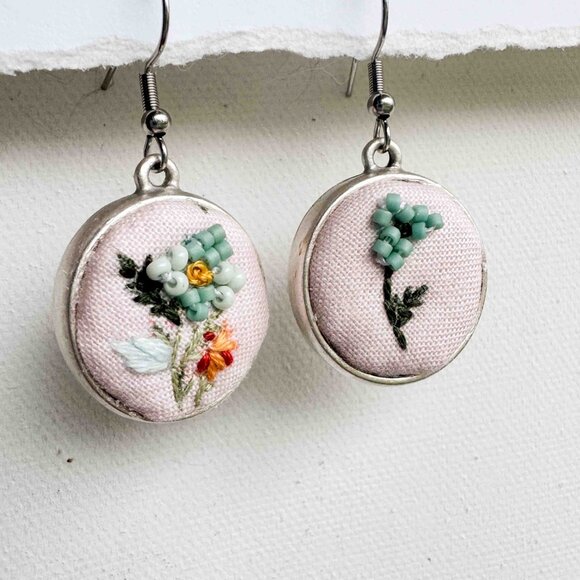 Handmade Pink and Blue Embroidered Floral Drop Earrings - Picture 8 of 13